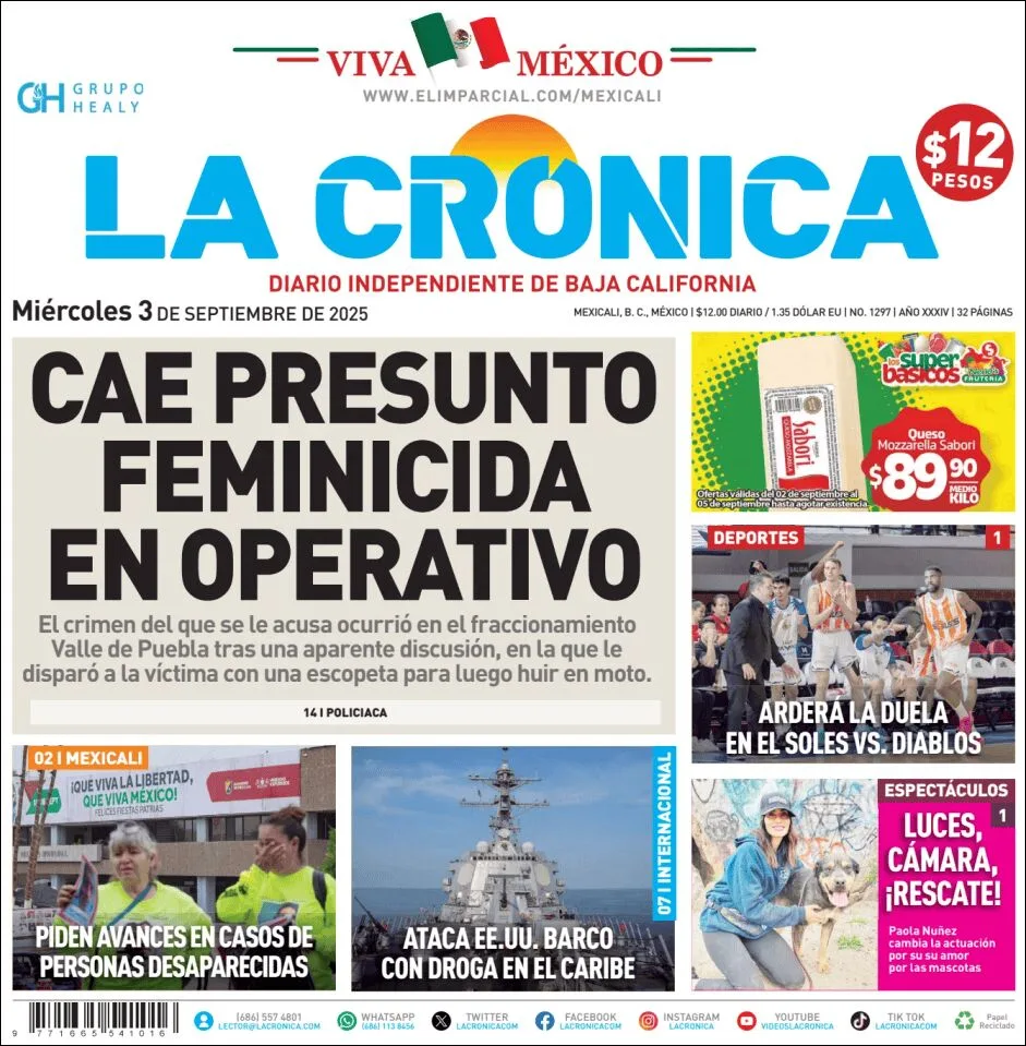 Portada de La Cronica del miércoles, 3 de septiembre de 2025