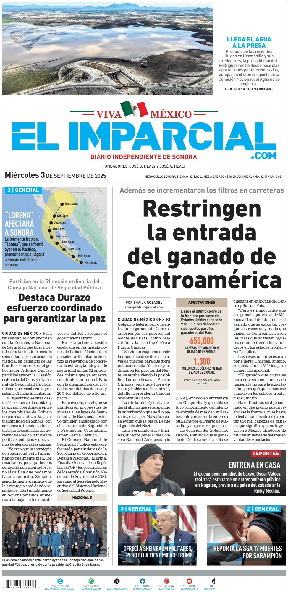 Portada de El Imparcial del miércoles, 3 de septiembre de 2025