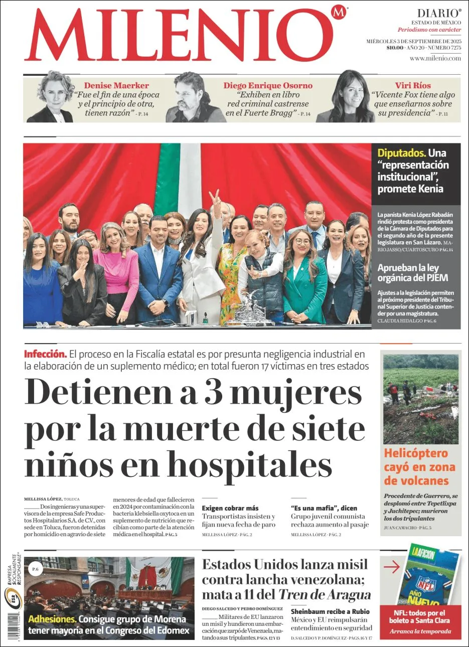 Portada de Milenio Edo de Mexico del miércoles, 3 de septiembre de 2025