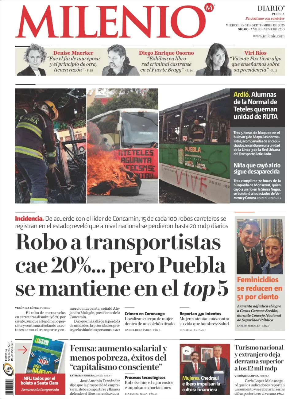 Portada de Milenio Puebla del miércoles, 3 de septiembre de 2025