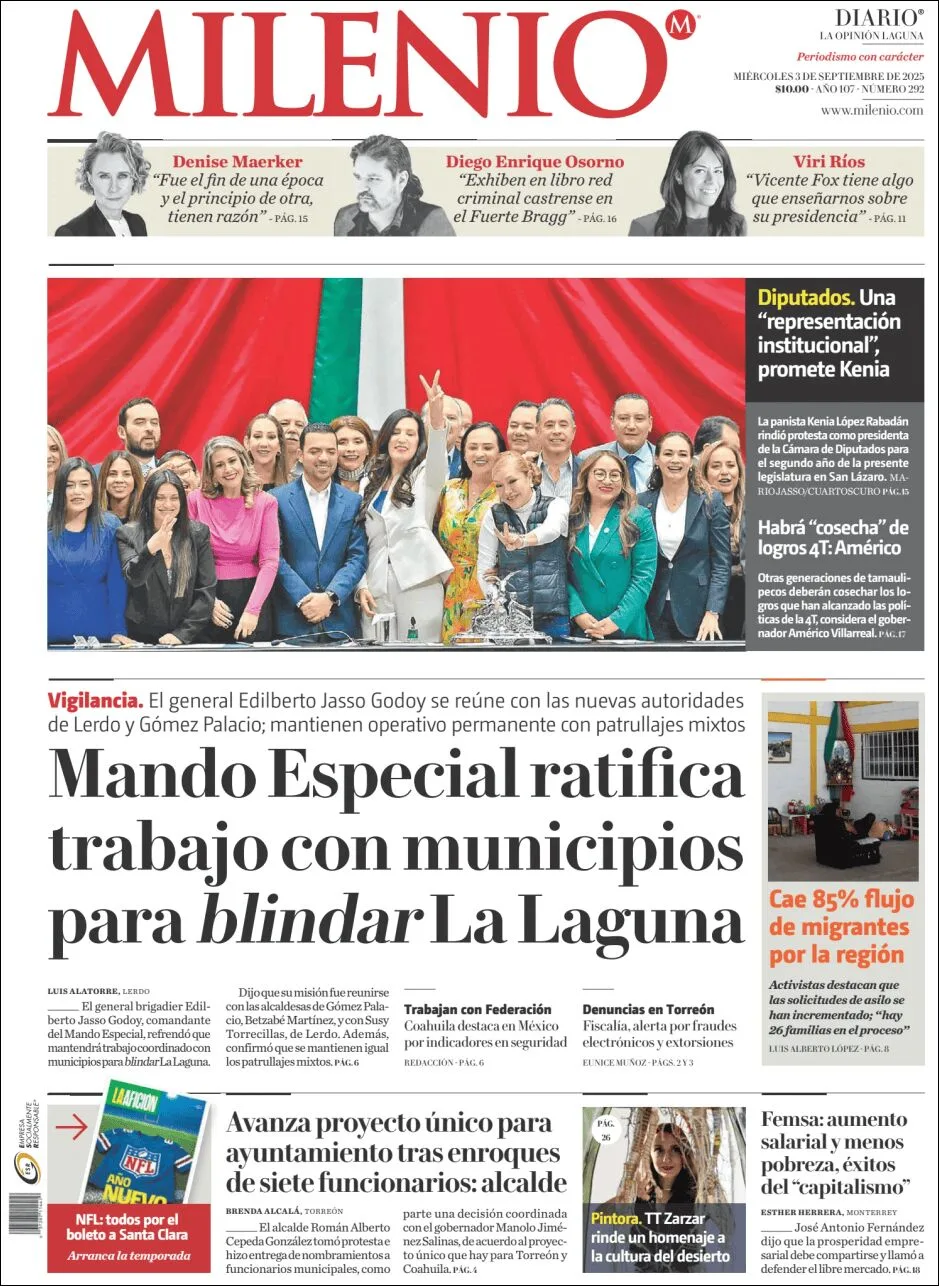 Portada de Milenio Laguna del miércoles, 3 de septiembre de 2025