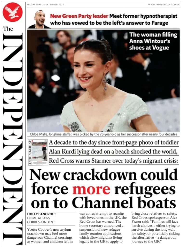 Portada de The Independent del miércoles, 3 de septiembre de 2025