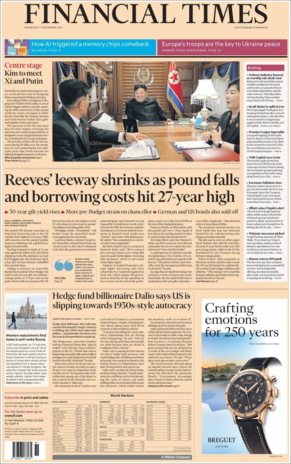 Portada de Financial Times del miércoles, 3 de septiembre de 2025