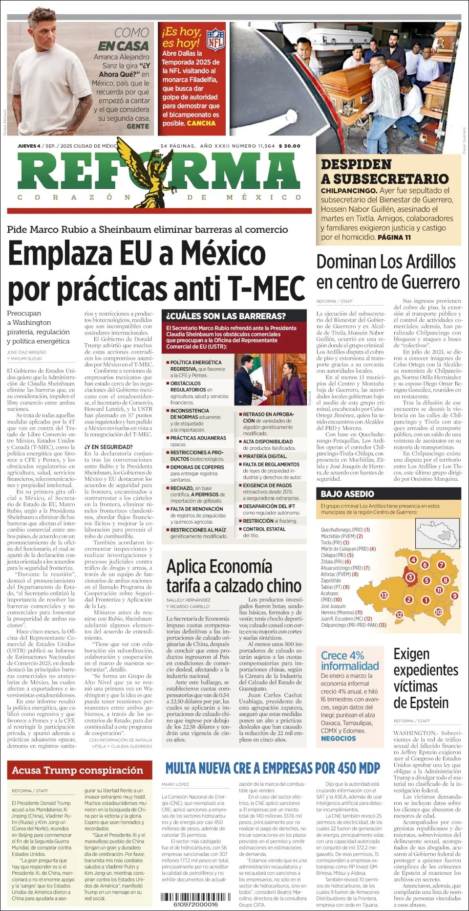 Portada de Reforma del jueves, 4 de septiembre de 2025