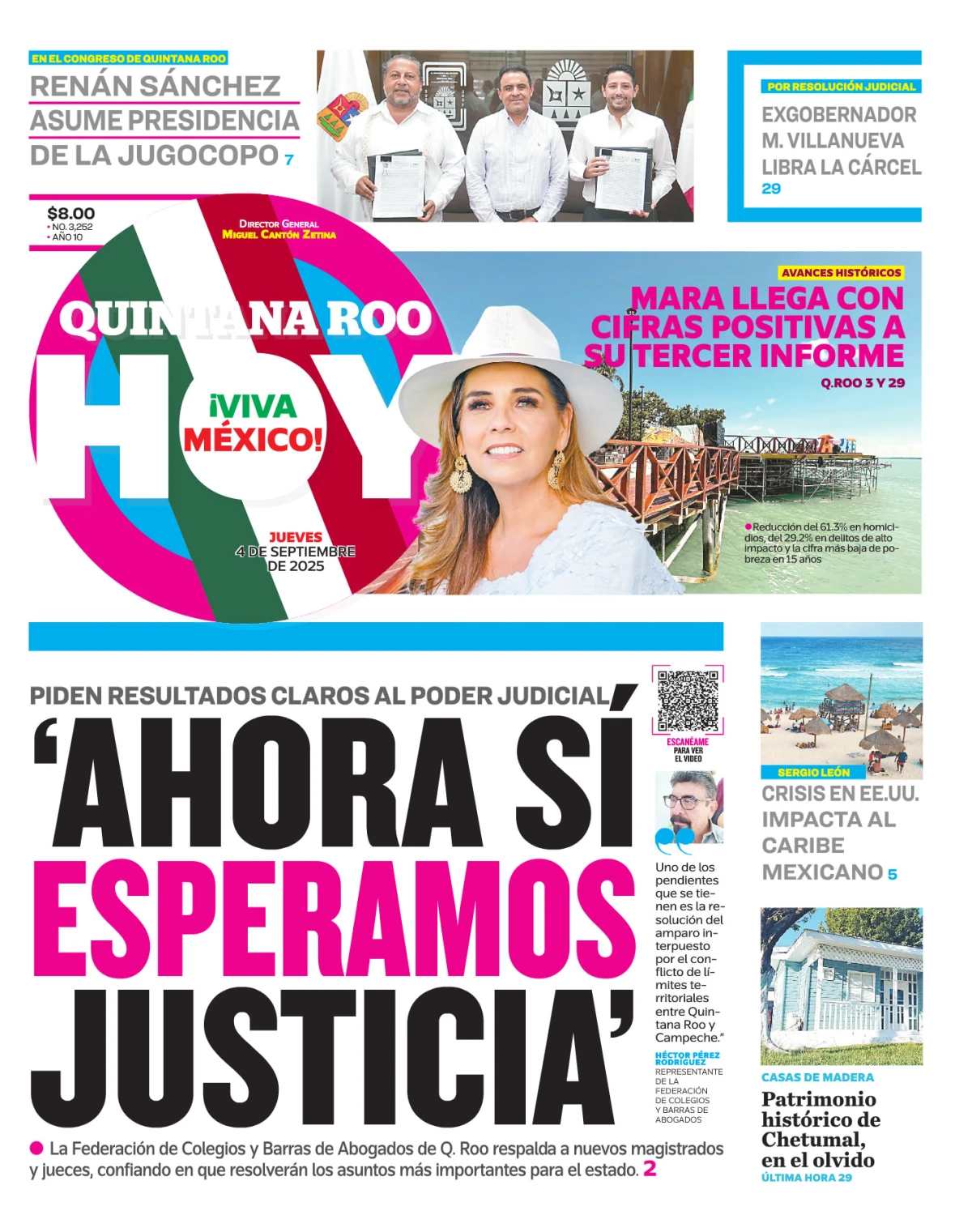 Portada de Quintana Roo Hoy (portada) del jueves, 4 de septiembre de 2025