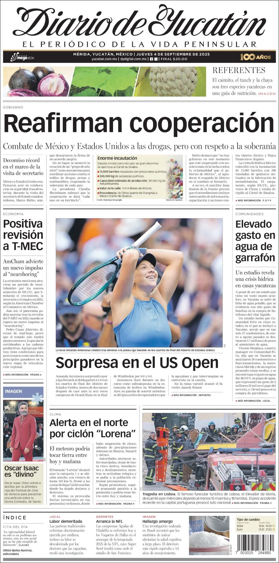 Portada de Diario de Yucatán del jueves, 4 de septiembre de 2025