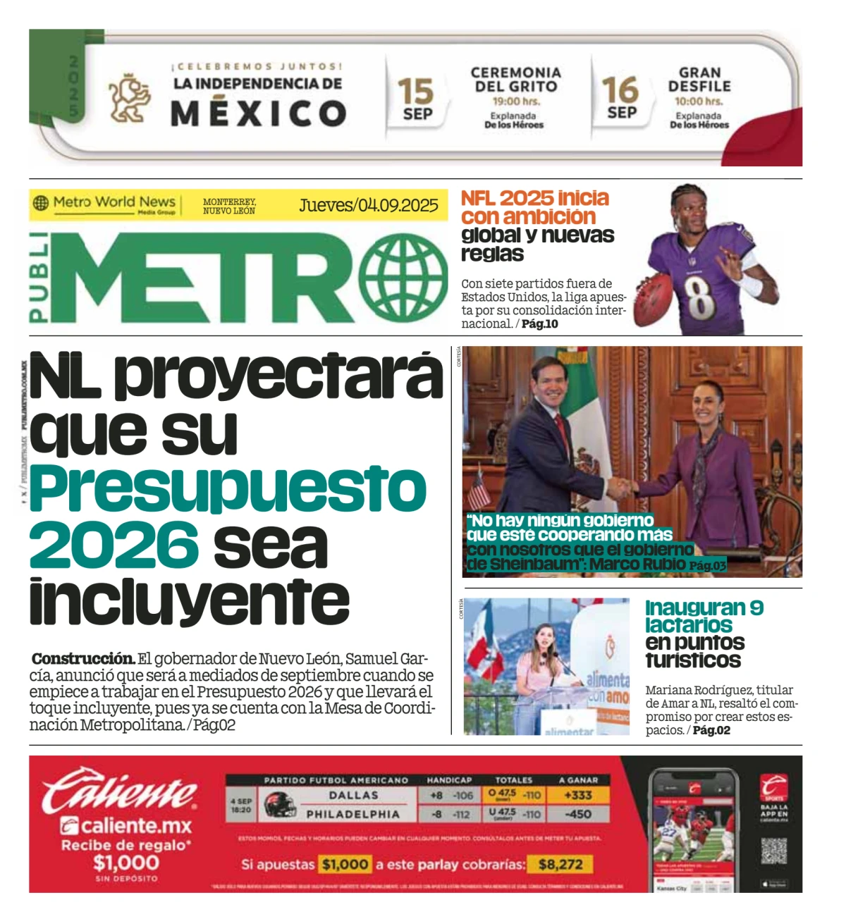 Portada de Publimetro Monterrey del jueves, 4 de septiembre de 2025