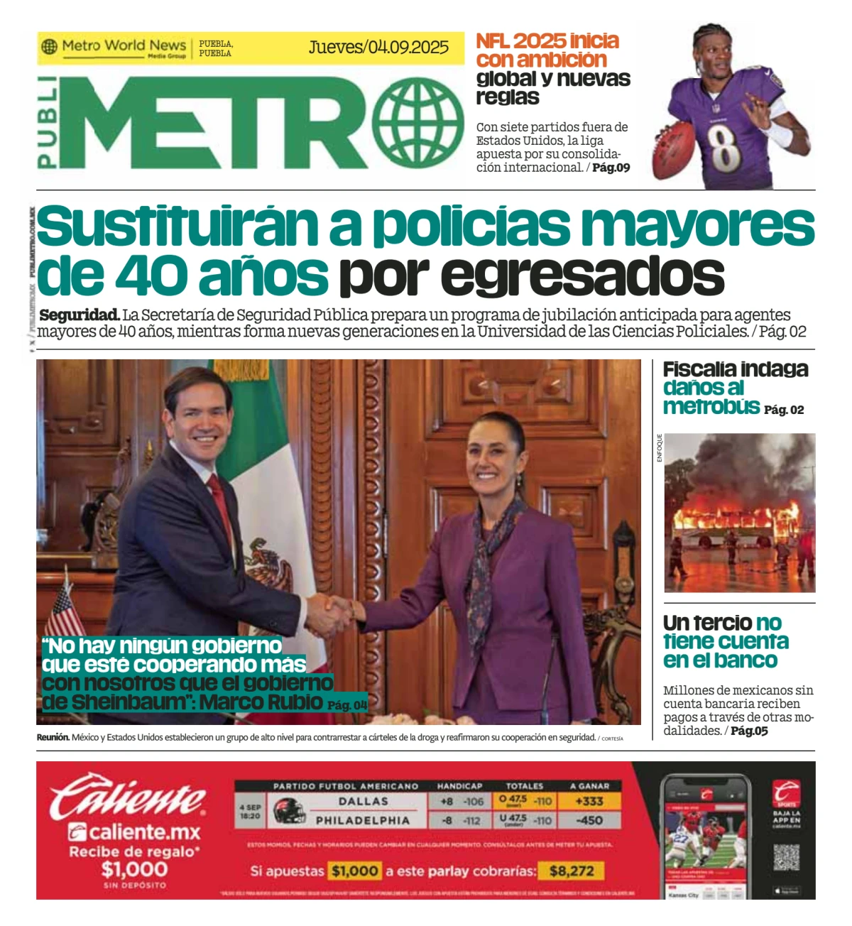 Portada de Publimetro Puebla del jueves, 4 de septiembre de 2025