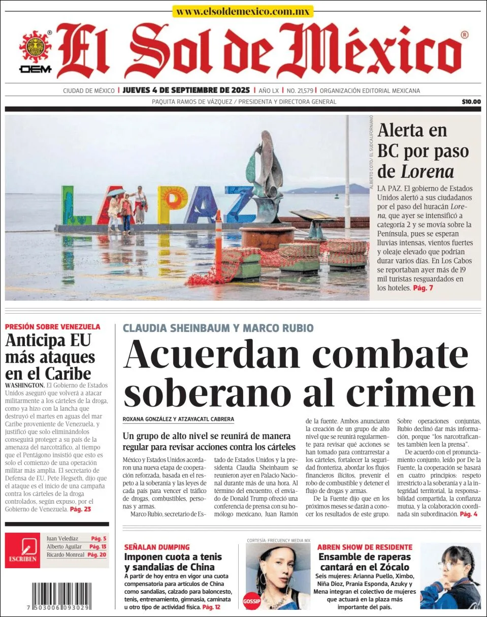 Portada de El Sol de Mexico del jueves, 4 de septiembre de 2025