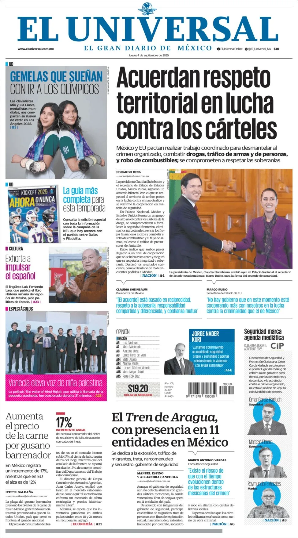 Portada de El Universal del jueves, 4 de septiembre de 2025