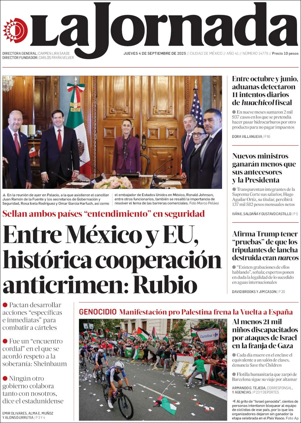 Portada de La Jornada del jueves, 4 de septiembre de 2025