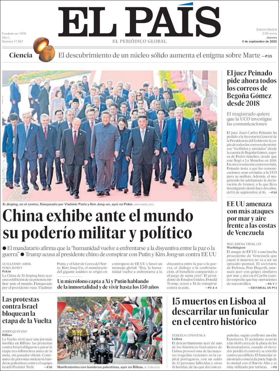 Portada de El Pais del jueves, 4 de septiembre de 2025