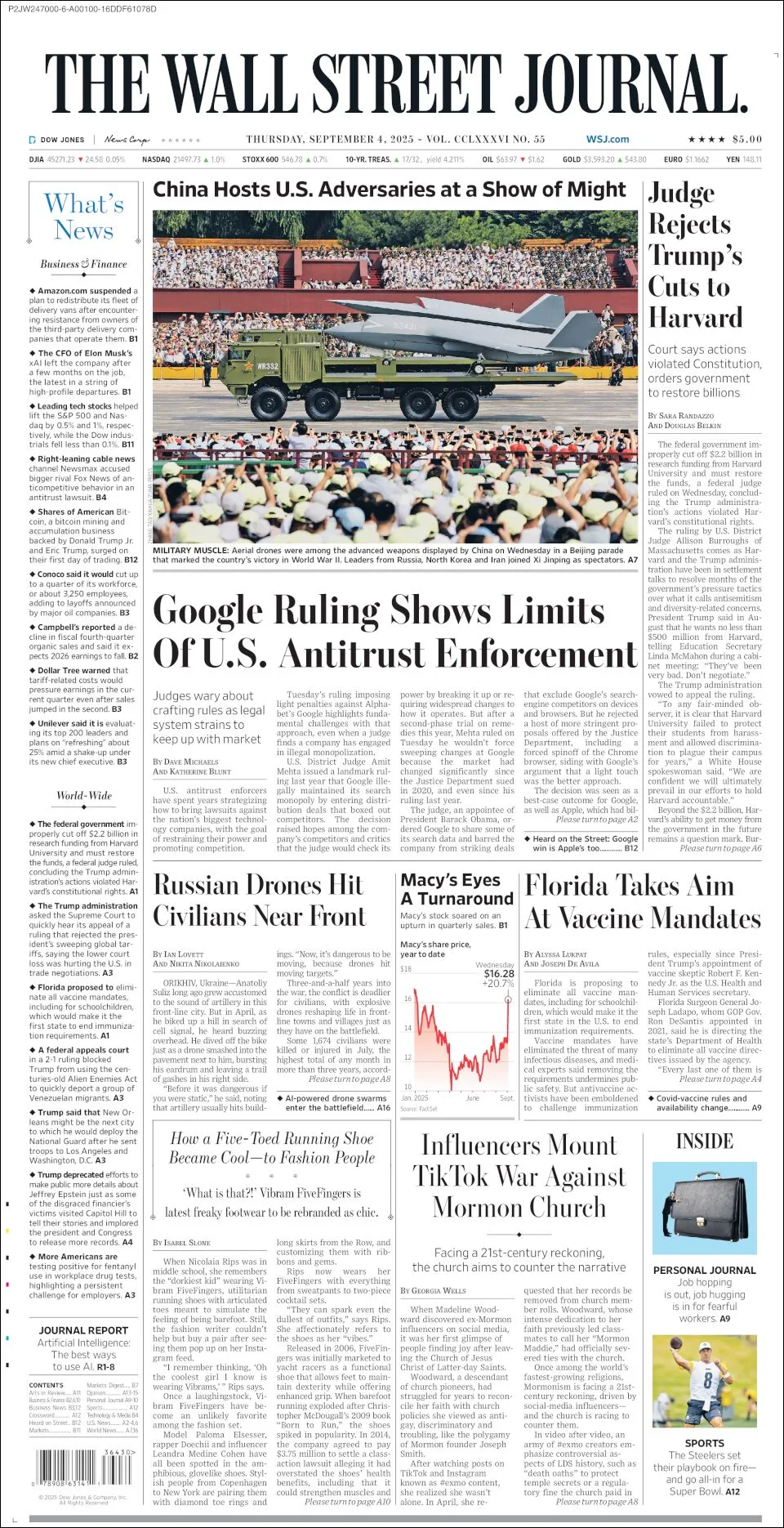 Portada de The Wall Street Journal del jueves, 4 de septiembre de 2025