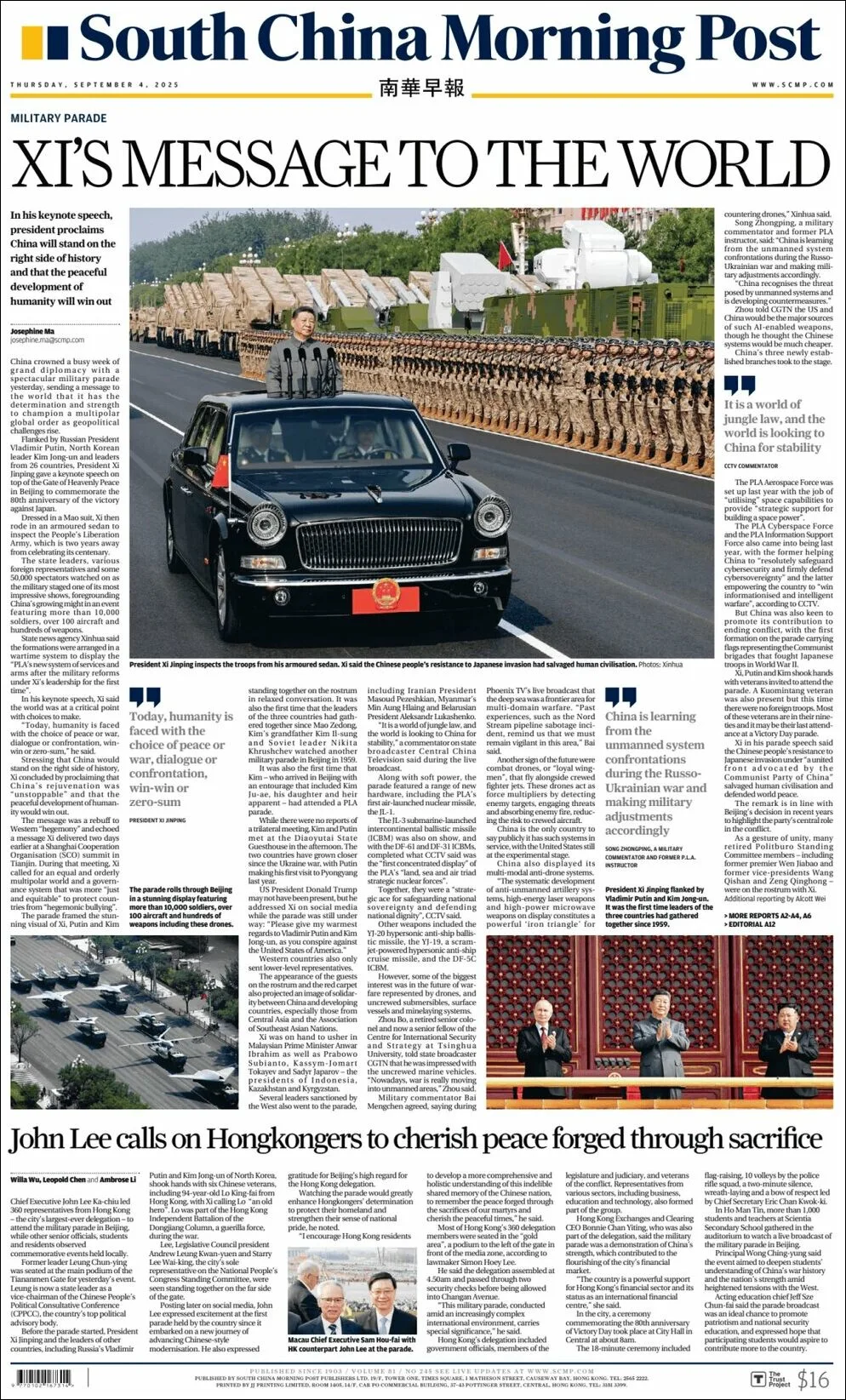 Portada de South China Morning Post del jueves, 4 de septiembre de 2025