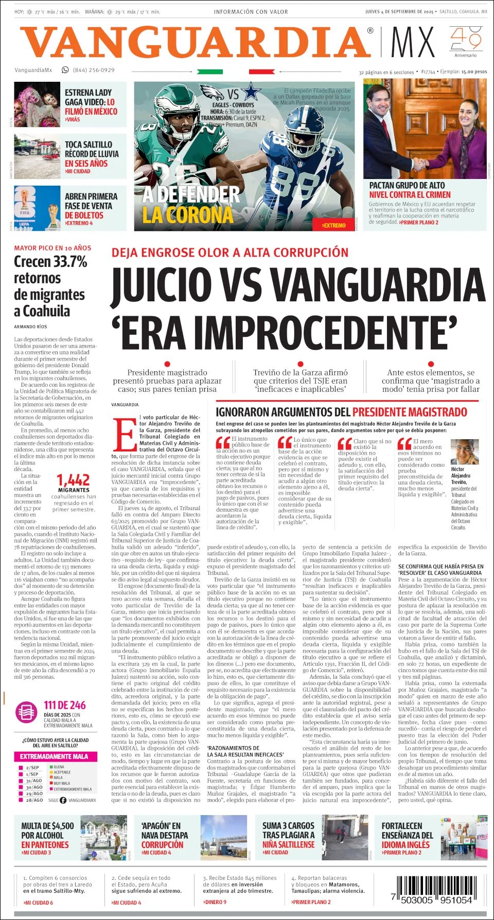 Portada de Vanguardia del jueves, 4 de septiembre de 2025
