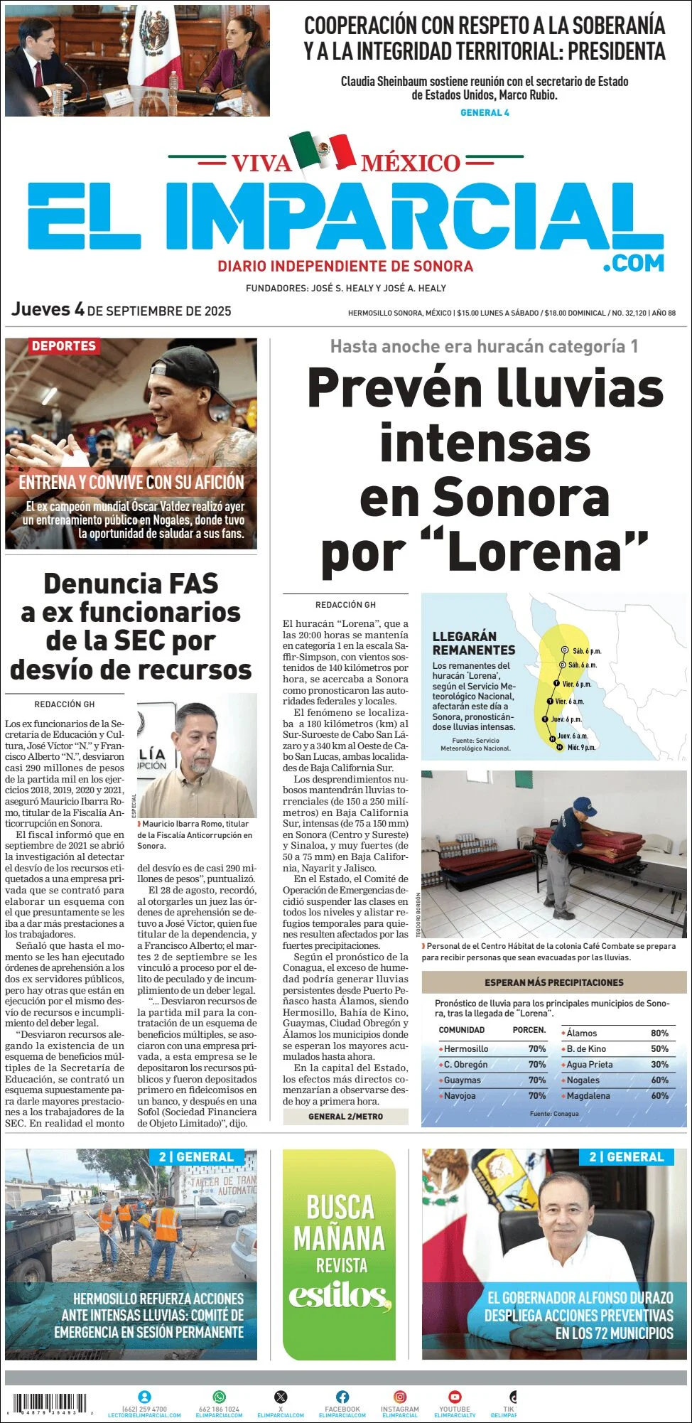 Portada de El Imparcial del jueves, 4 de septiembre de 2025