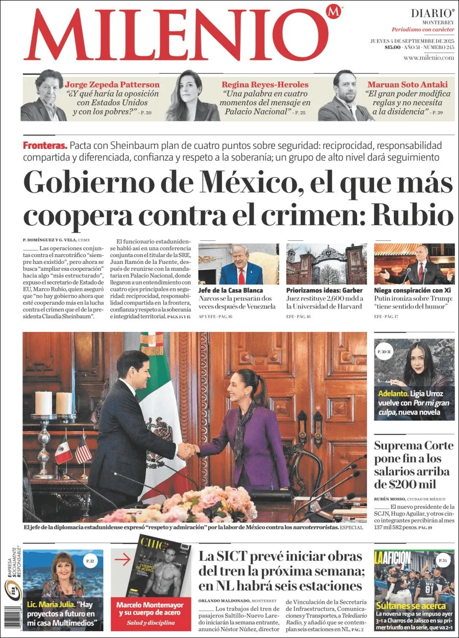 Portada de Milenio del jueves, 4 de septiembre de 2025