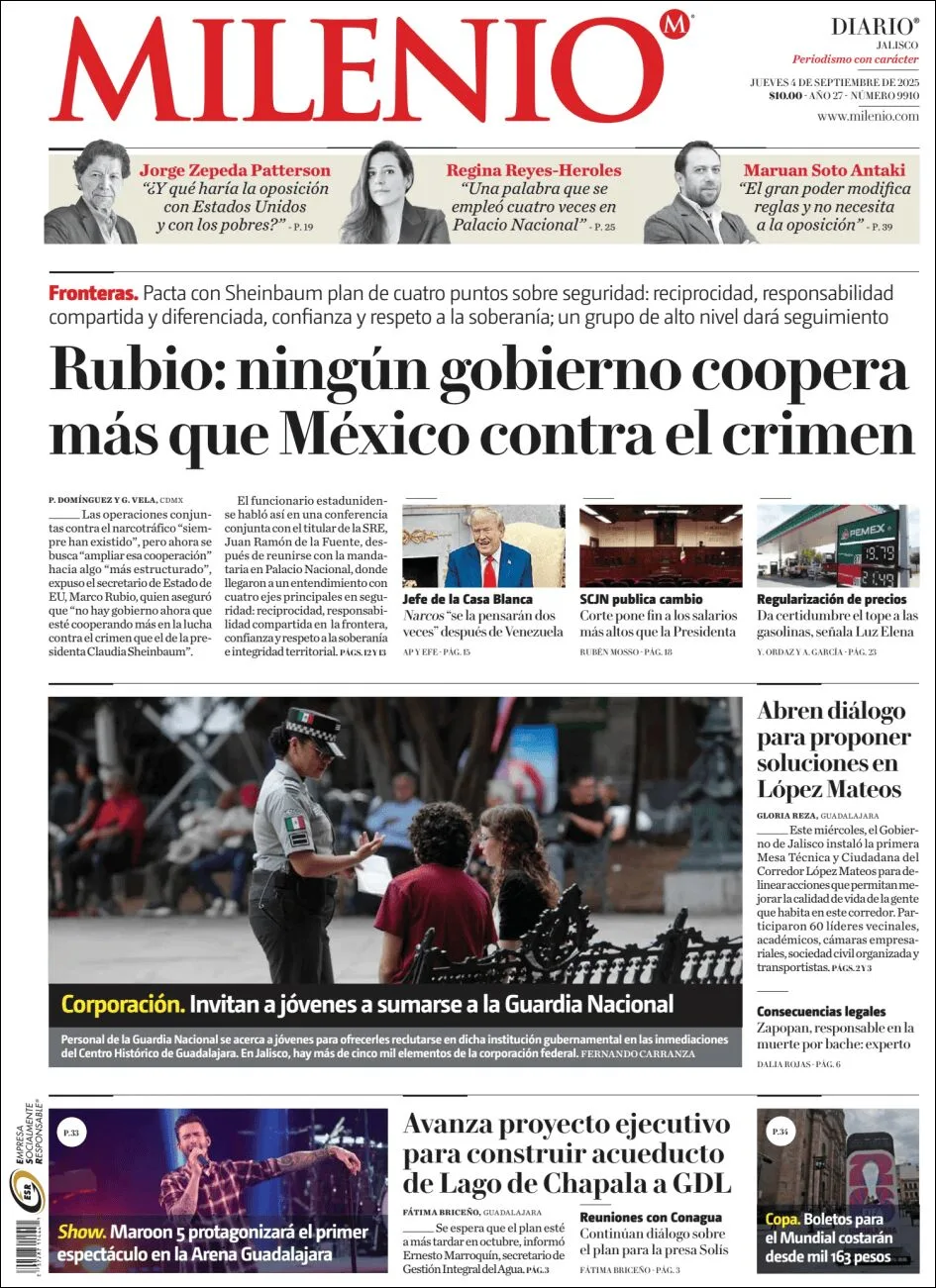 Portada de Milenio Jalisco del viernes, 5 de septiembre de 2025