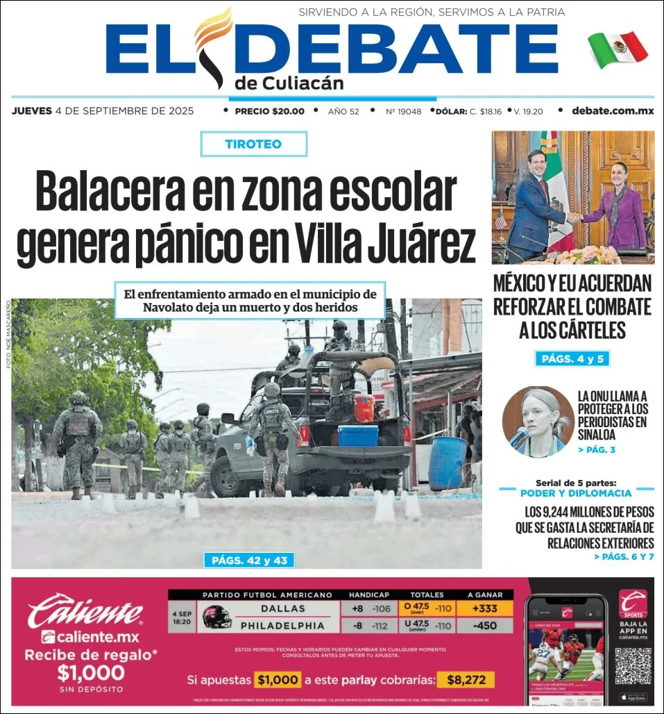 Portada de El Debate de Culiacan del jueves, 4 de septiembre de 2025