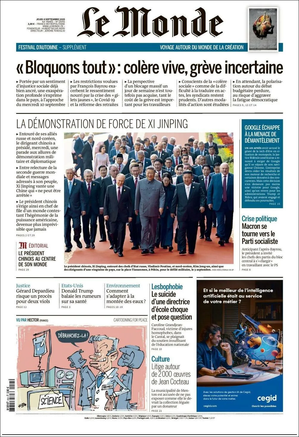 Portada de Le Monde del jueves, 4 de septiembre de 2025