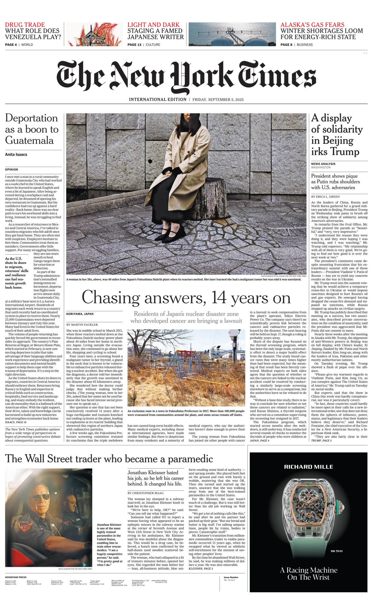 Portada de The New York Times (international) del viernes, 5 de septiembre de 2025