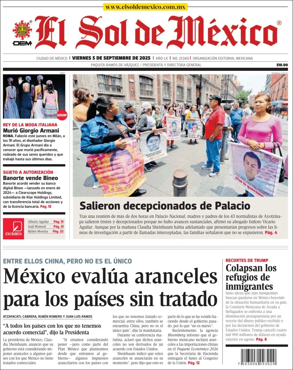 Portada de El Sol de Mexico del viernes, 5 de septiembre de 2025