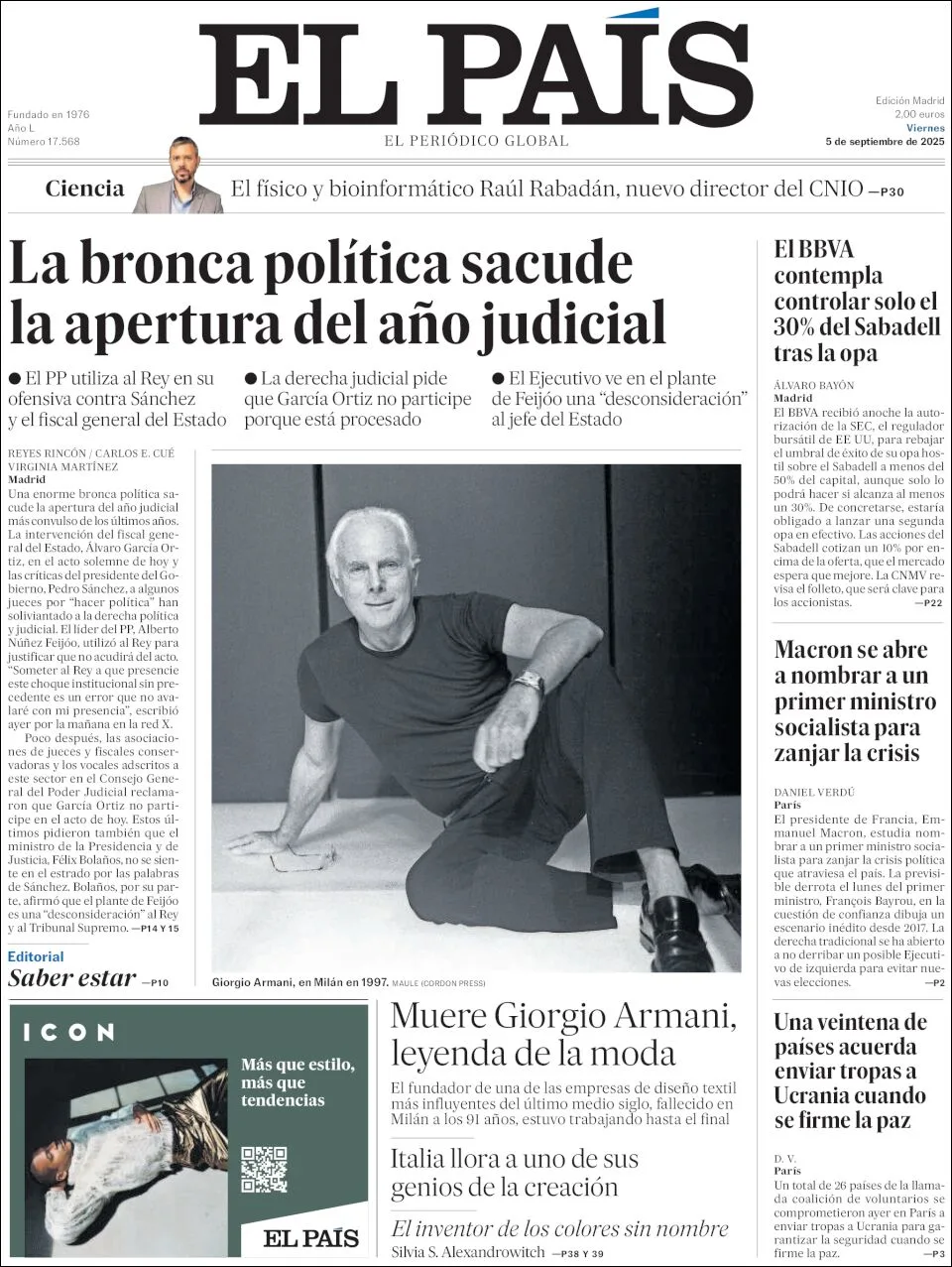 Portada de El Pais del viernes, 5 de septiembre de 2025