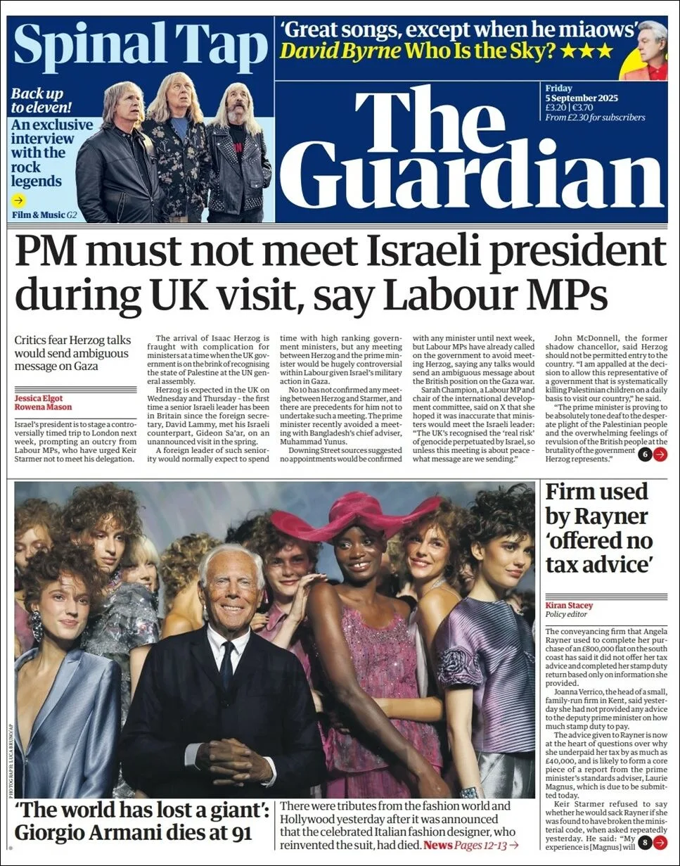 Portada de The Guardian (reino Unido) del viernes, 5 de septiembre de 2025