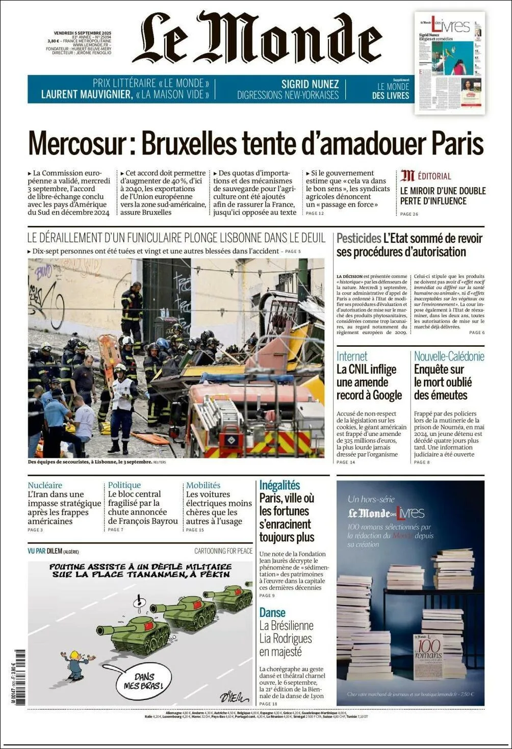 Portada de Le Monde del viernes, 5 de septiembre de 2025