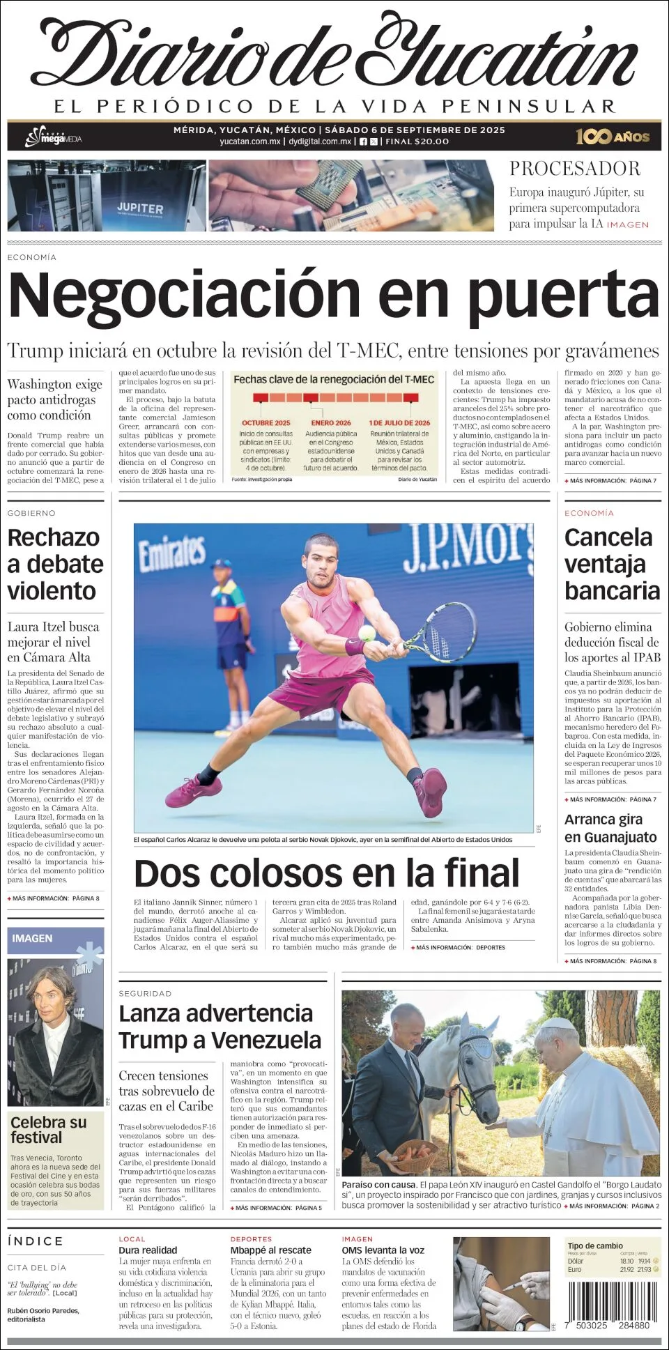 Portada de Diario de Yucatán del sábado, 6 de septiembre de 2025
