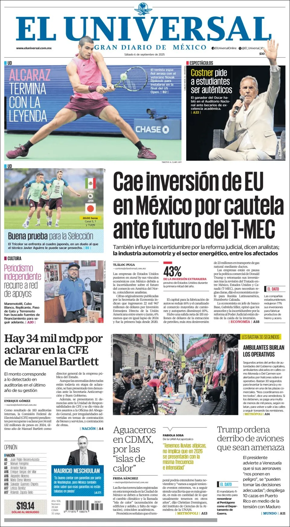 Portada de El Universal del sábado, 6 de septiembre de 2025