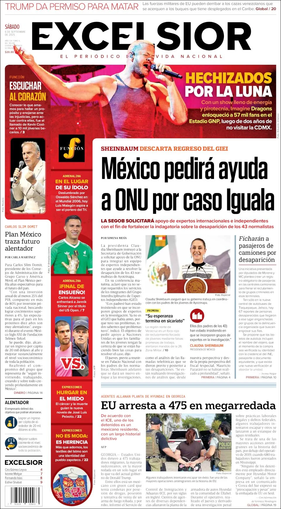 Portada de Excelsior del sábado, 6 de septiembre de 2025