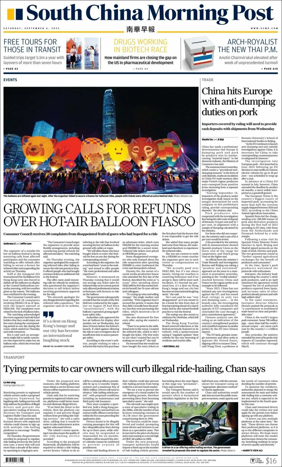 Portada de South China Morning Post del sábado, 6 de septiembre de 2025