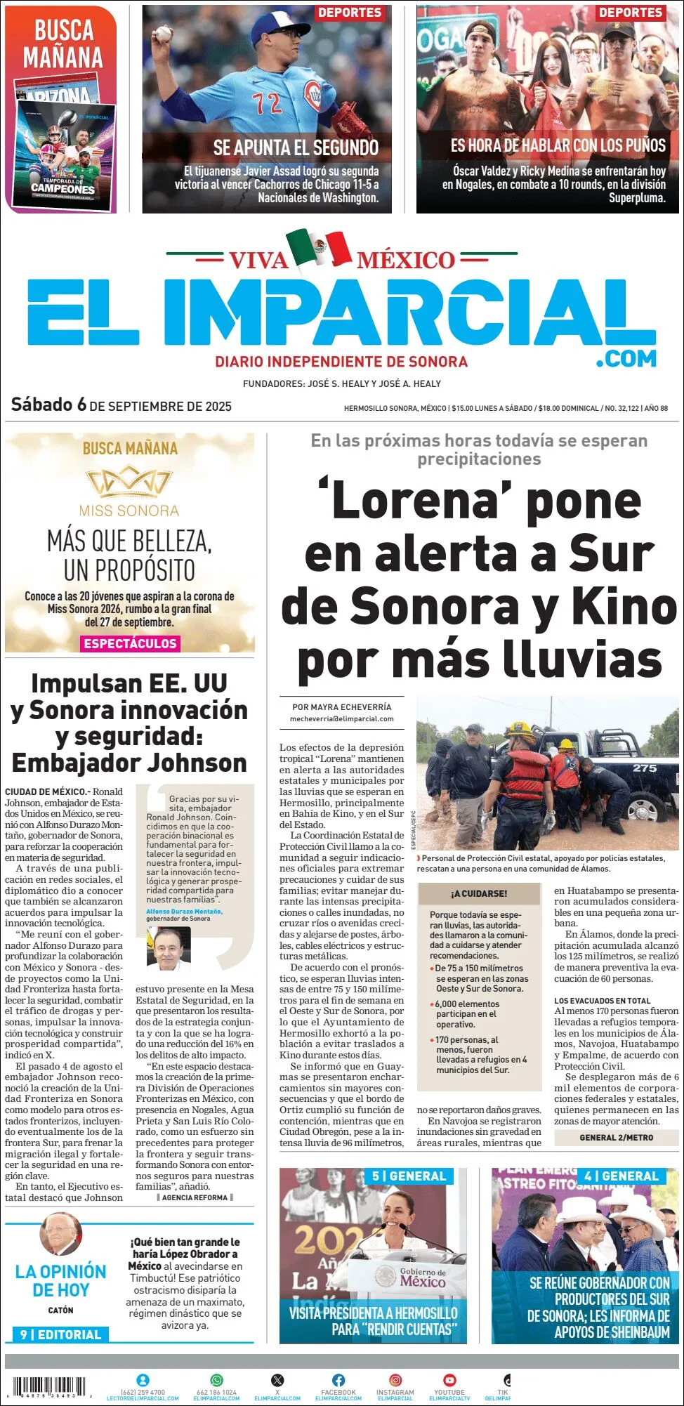 Portada de El Imparcial del sábado, 6 de septiembre de 2025