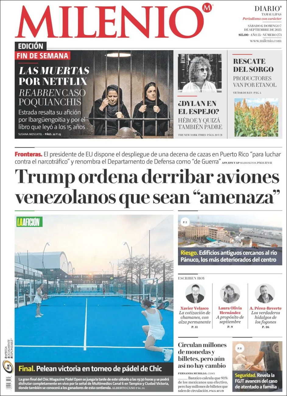 Portada de Milenio Tamaulipas del lunes, 8 de septiembre de 2025