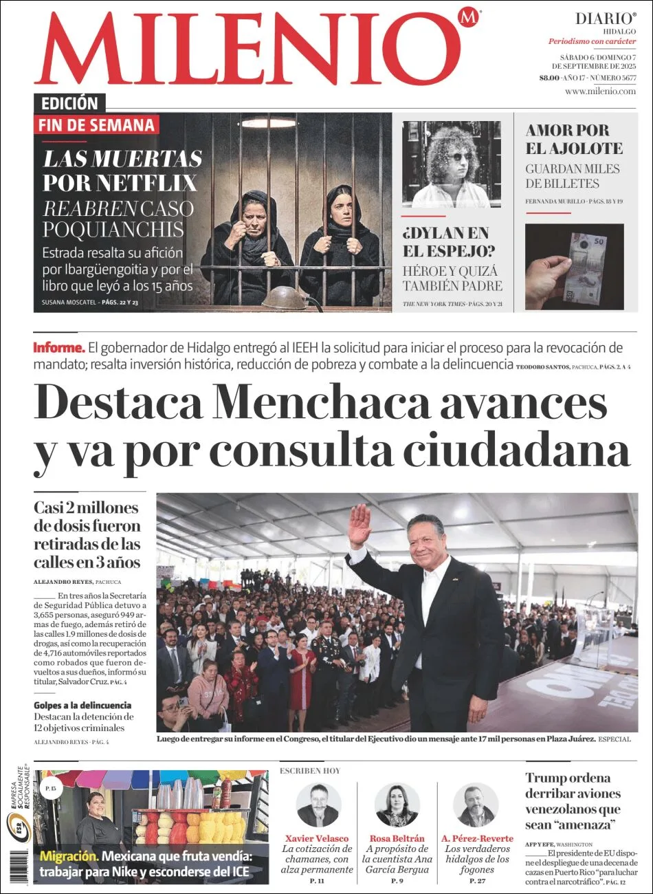Portada de Milenio Hidalgo del domingo, 7 de septiembre de 2025