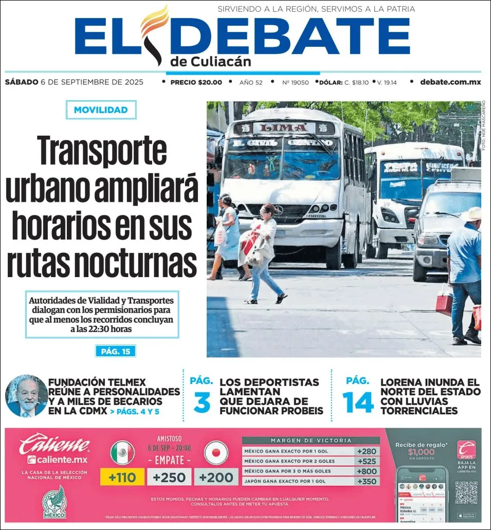 Portada de El Debate de Culiacan del sábado, 6 de septiembre de 2025