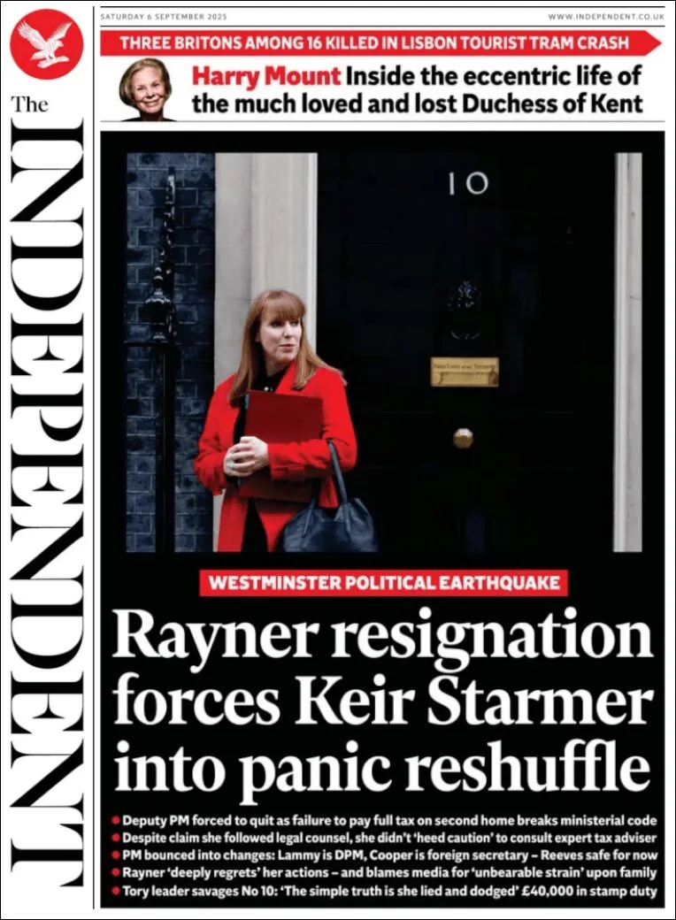 Portada de The Independent del sábado, 6 de septiembre de 2025