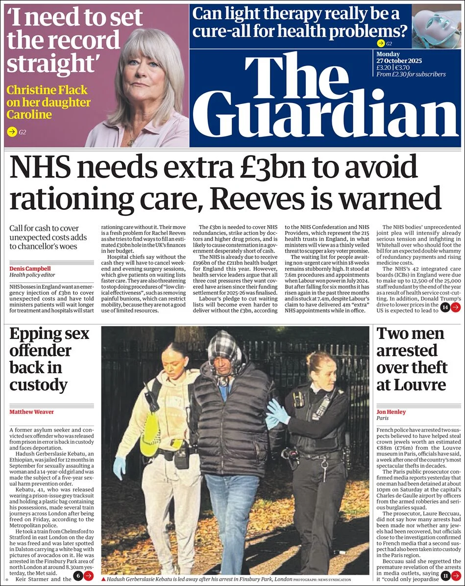 Portada de The Guardian (reino Unido) del lunes, 27 de octubre de 2025