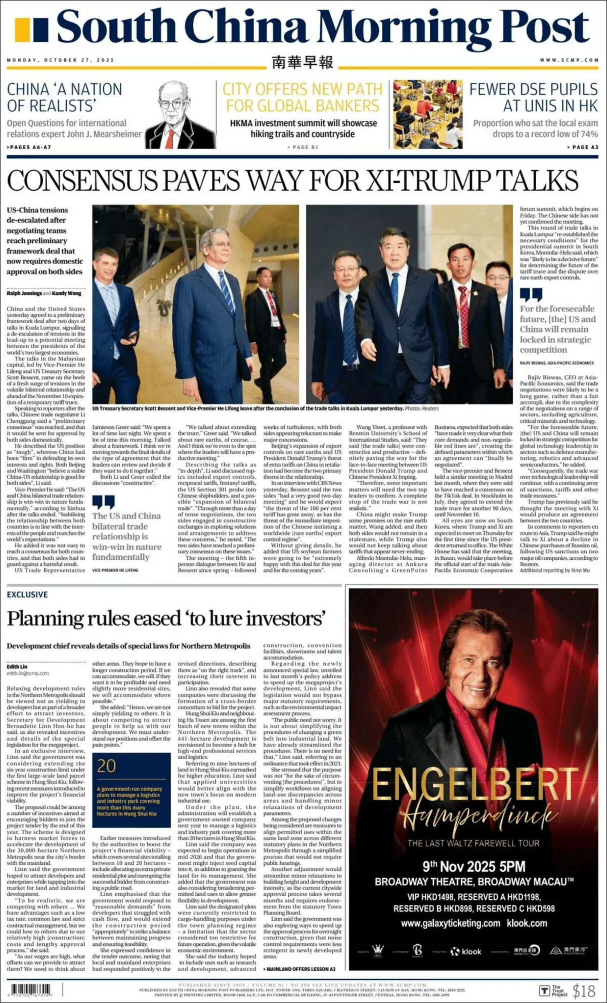 Portada de South China Morning Post del lunes, 27 de octubre de 2025