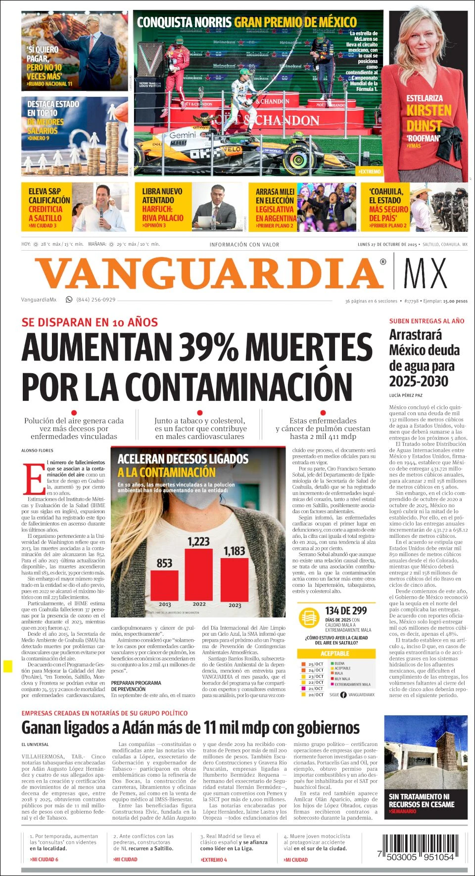 Portada de Vanguardia del lunes, 27 de octubre de 2025