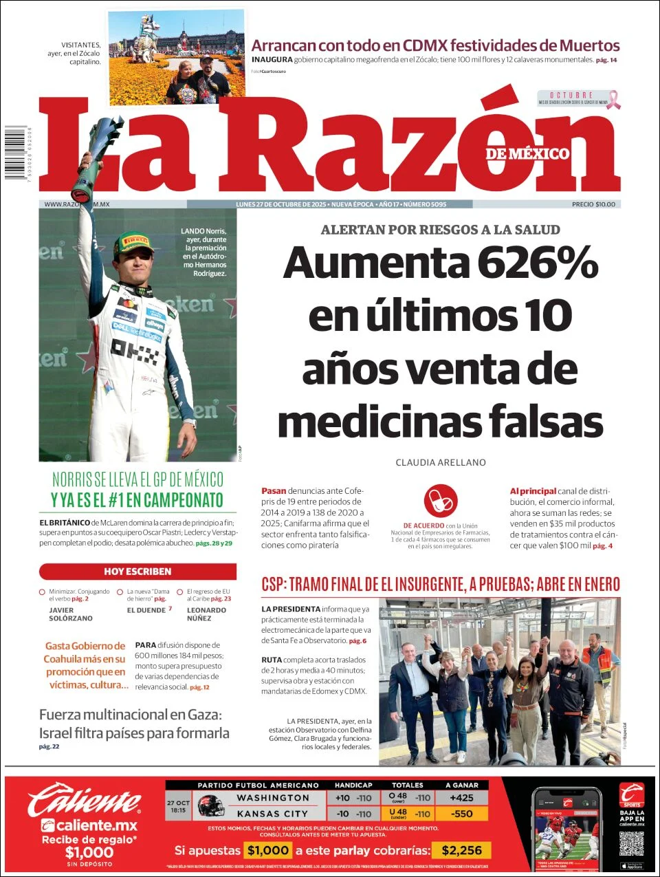 Portada de La Razon del lunes, 27 de octubre de 2025