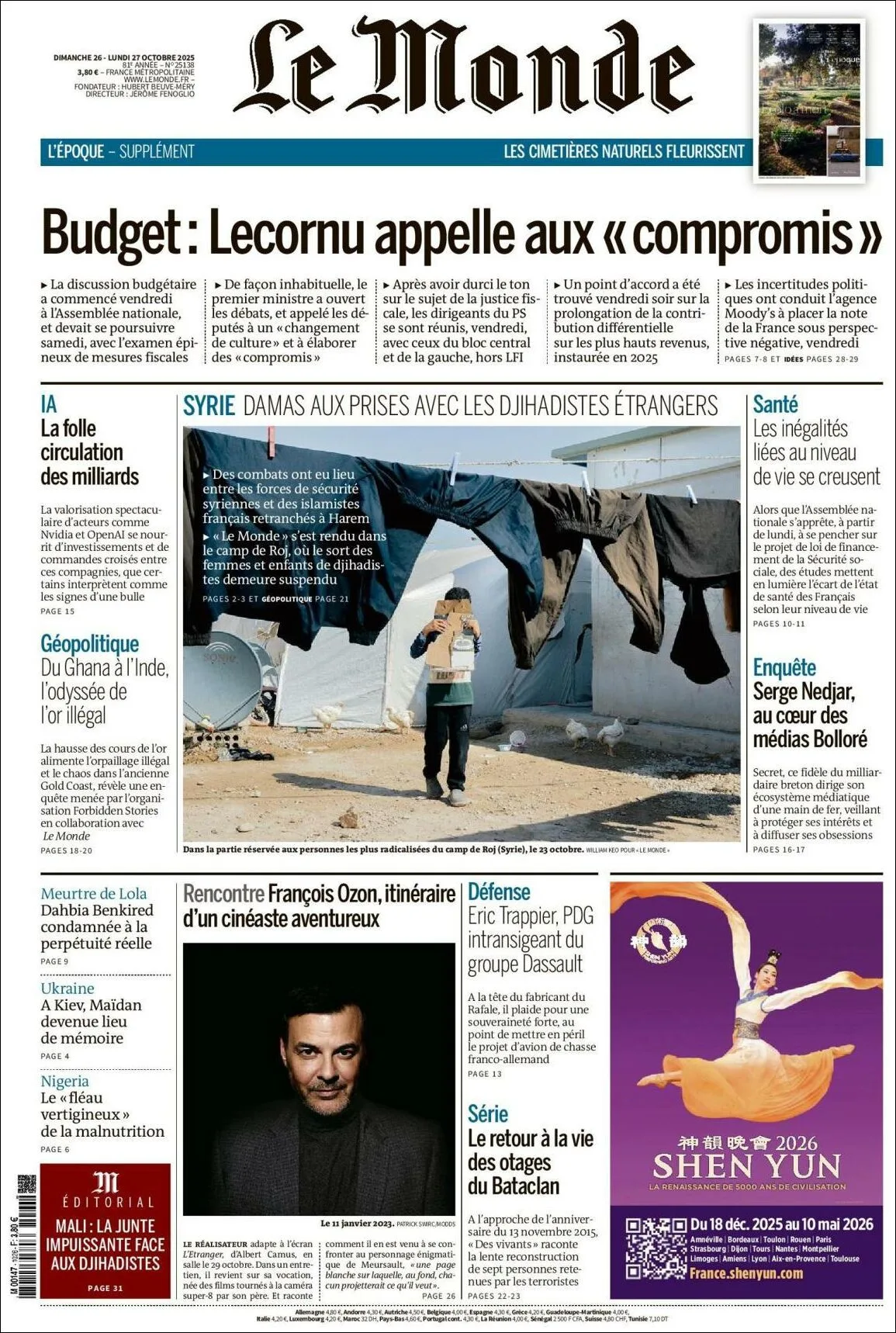 Portada de Le Monde del lunes, 27 de octubre de 2025