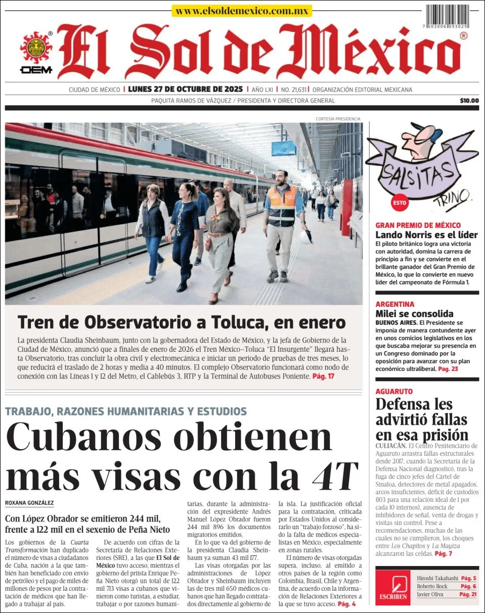 Portada de El Sol de Mexico del lunes, 27 de octubre de 2025