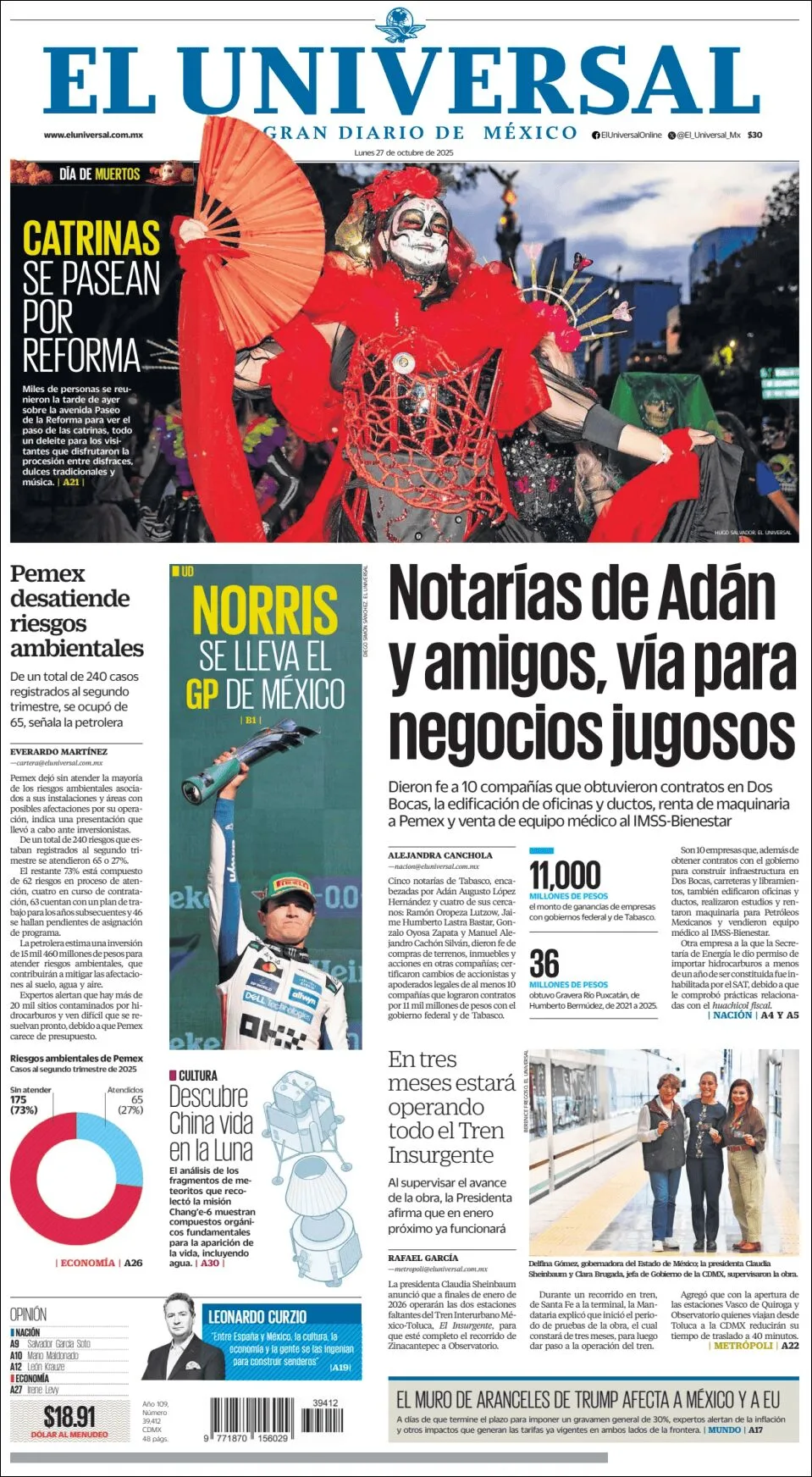 Portada de El Universal del lunes, 27 de octubre de 2025