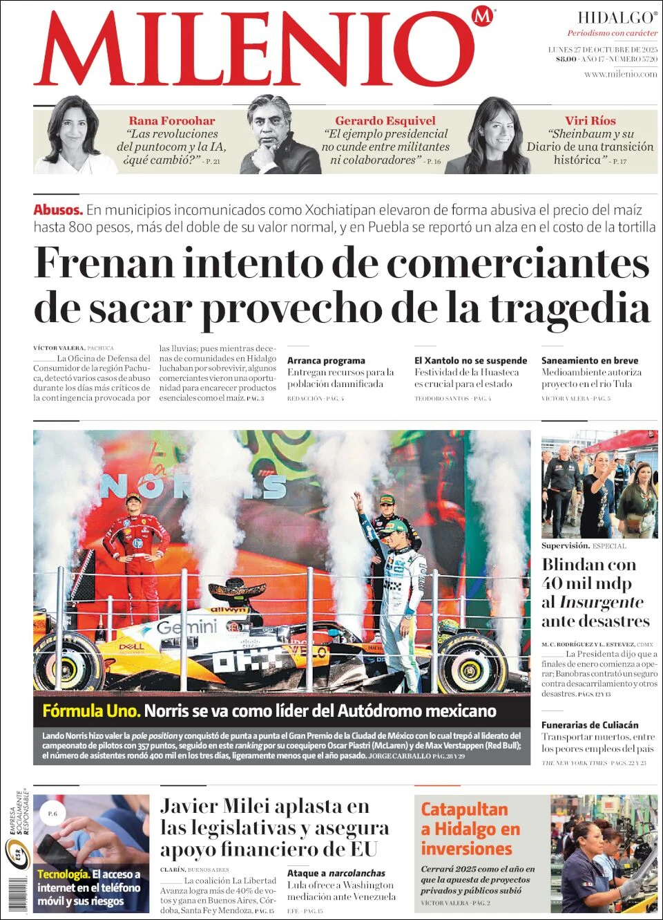 Portada de Milenio Hidalgo del lunes, 27 de octubre de 2025