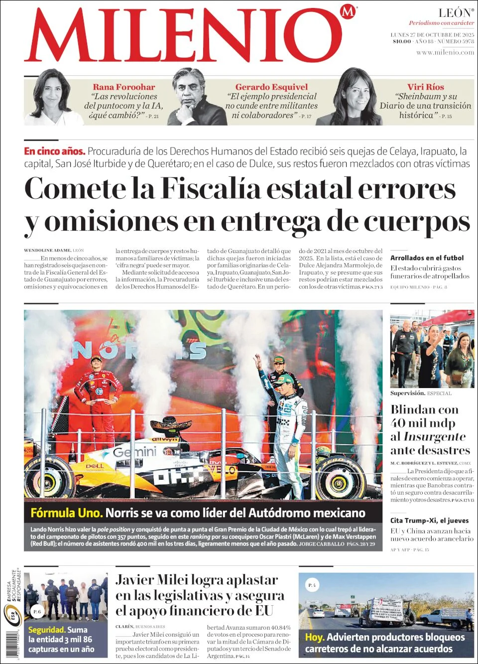 Portada de Milenio Leon del lunes, 27 de octubre de 2025