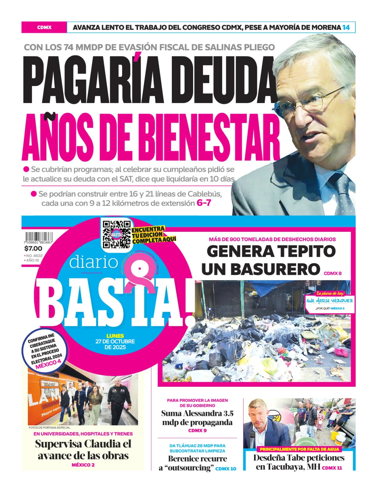 Portada de Basta! (portada) del lunes, 27 de octubre de 2025