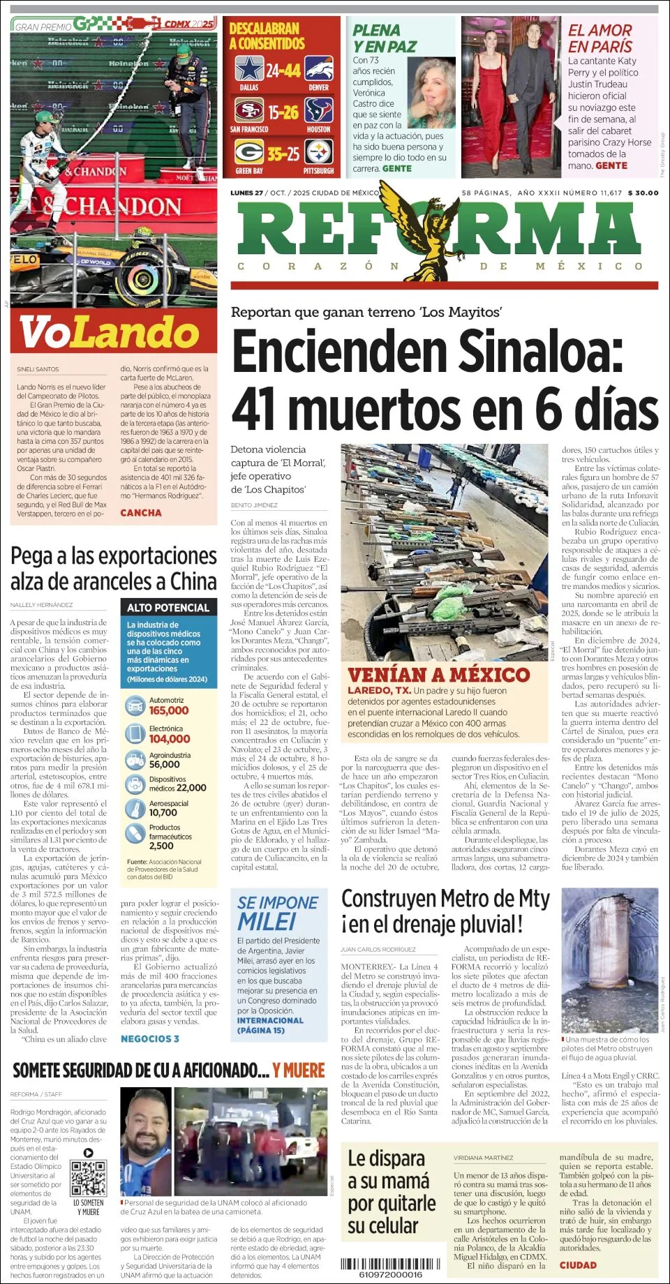Portada de Reforma del lunes, 27 de octubre de 2025