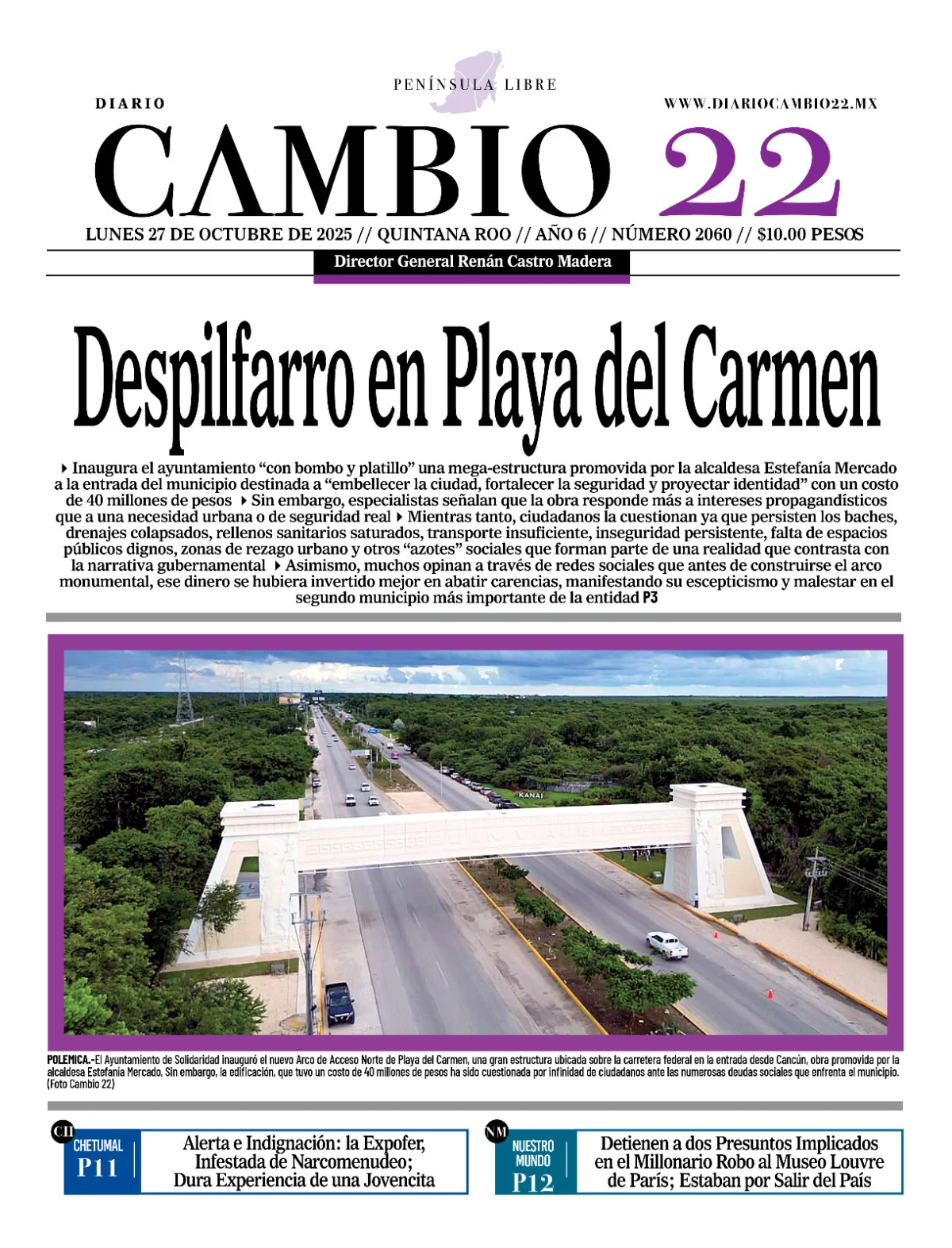 Portada de Diario Cambio 22 (portada) del lunes, 27 de octubre de 2025